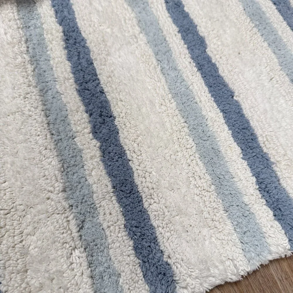 Caro 17 x 24 Blue White Stripes Striped Bath Rug Mat 100% COTTON Non Slip